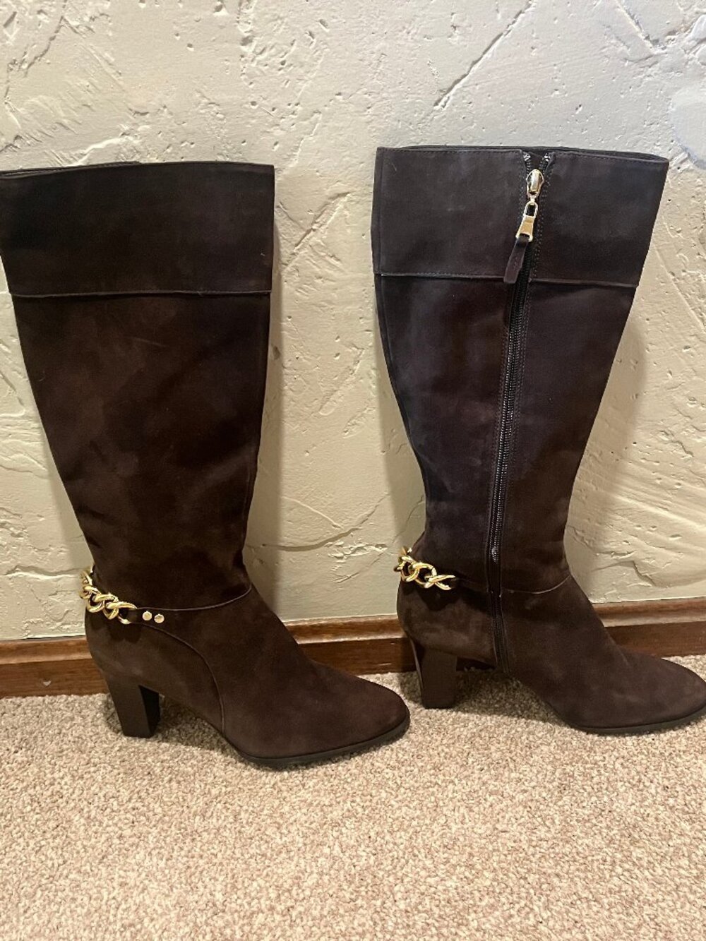 Tahari Brown Suede Knee High Boots with Gold Chain Heel Detail, Size 8M